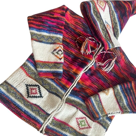 Unisex Rainbow Wool Knit Hoodie Sweater Jacket • M • Tassel Elf Hood Boho Hippie - Picture 7 of 9